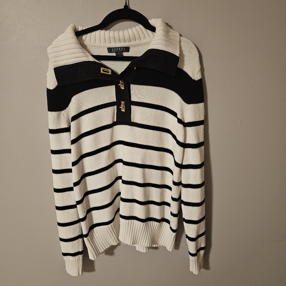 Lauren Ralph Lauren Black and White stripe sweater gold hardware, women's S